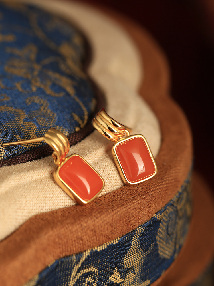Chinese Style Red Jade Square Earrings for Women - Natural Southern Red Agate Zodiac Jewelry Chinese Style Red Jade Square Earrings for Women - Natural Southern Red Agate Zodiac Jewelry