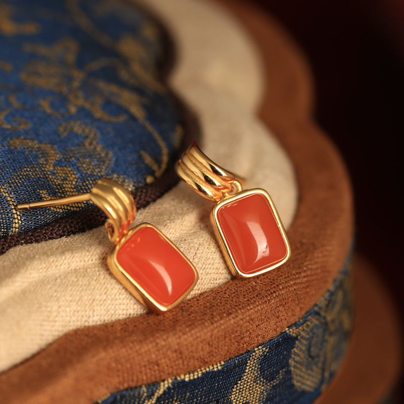 Chinese Style Red Jade Square Earrings for Women - Natural Southern Red Agate Zodiac Jewelry