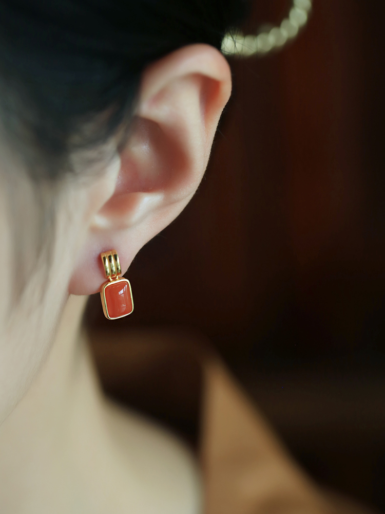 Chinese Style Red Jade Square Earrings for Women - Natural Southern Red Agate Zodiac Jewelry