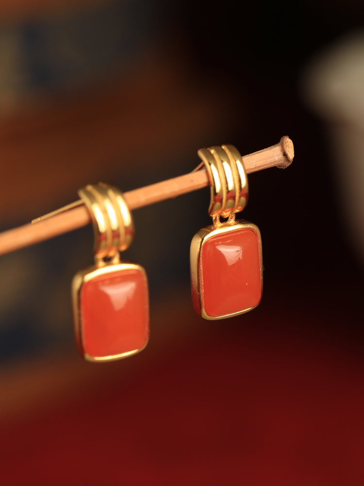 Chinese Style Red Jade Square Earrings for Women - Natural Southern Red Agate Zodiac Jewelry Chinese Style Red Jade Square Earrings for Women - Natural Southern Red Agate Zodiac Jewelry