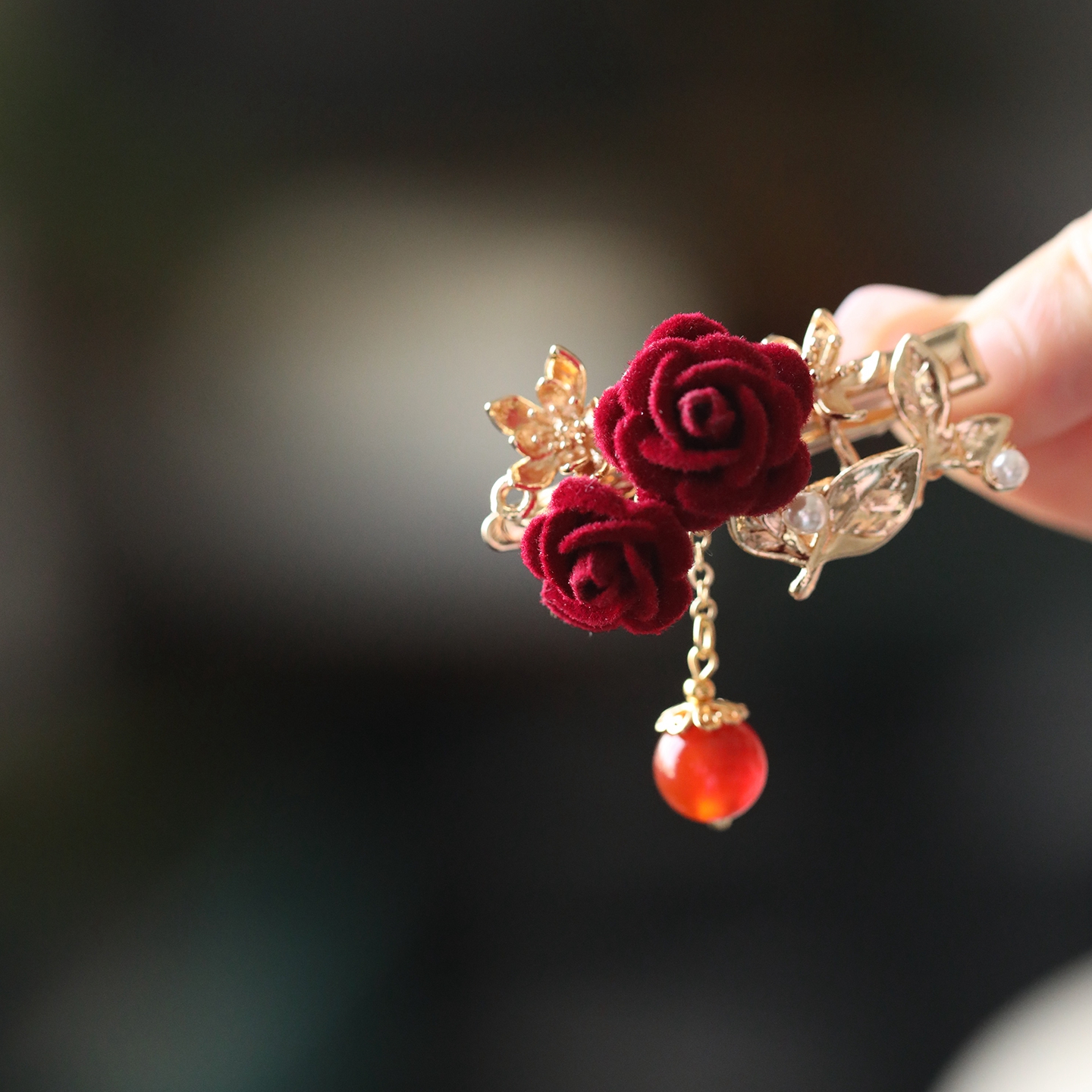 Chinese-Style Red Rose Hairpin for Women - High-End Ancient Design Small Hair Clip for Updos, Decorative Side Clip