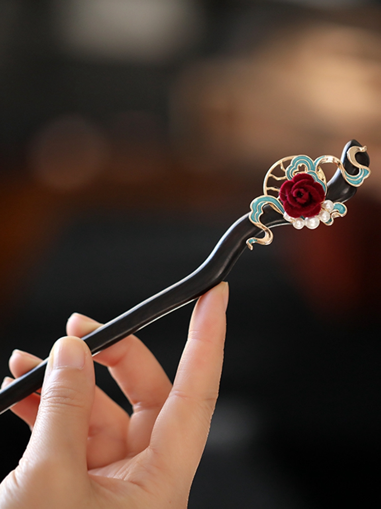 Chinese-Style Retro Hairpin with Camellia and Cloud Design, Wooden Qipao Accessory for Daily Wear Chinese-Style Retro Hairpin with Camellia and Cloud Design, Wooden Qipao Accessory for Daily Wear