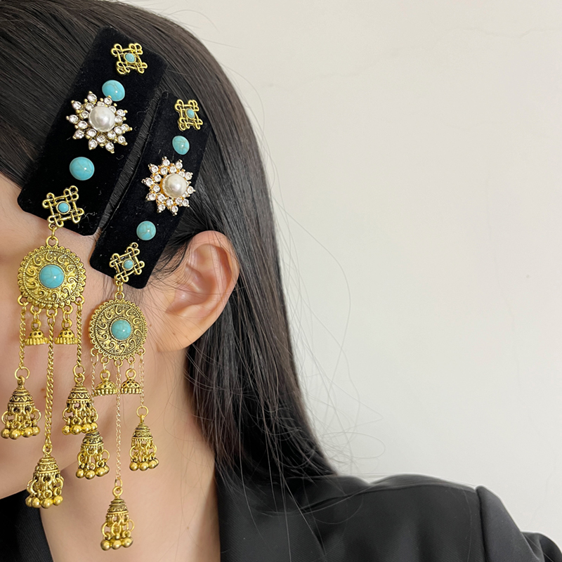 Chinese-Style Retro Turquoise Pagoda Long Tassel Hairpin Ethnic Bangs Clip with Mongolian Elements - Travel Headdress Accessory Chinese-Style Retro Turquoise Pagoda Long Tassel Hairpin Ethnic Bangs Clip with Mongolian Elements - Travel Headdress Accessory