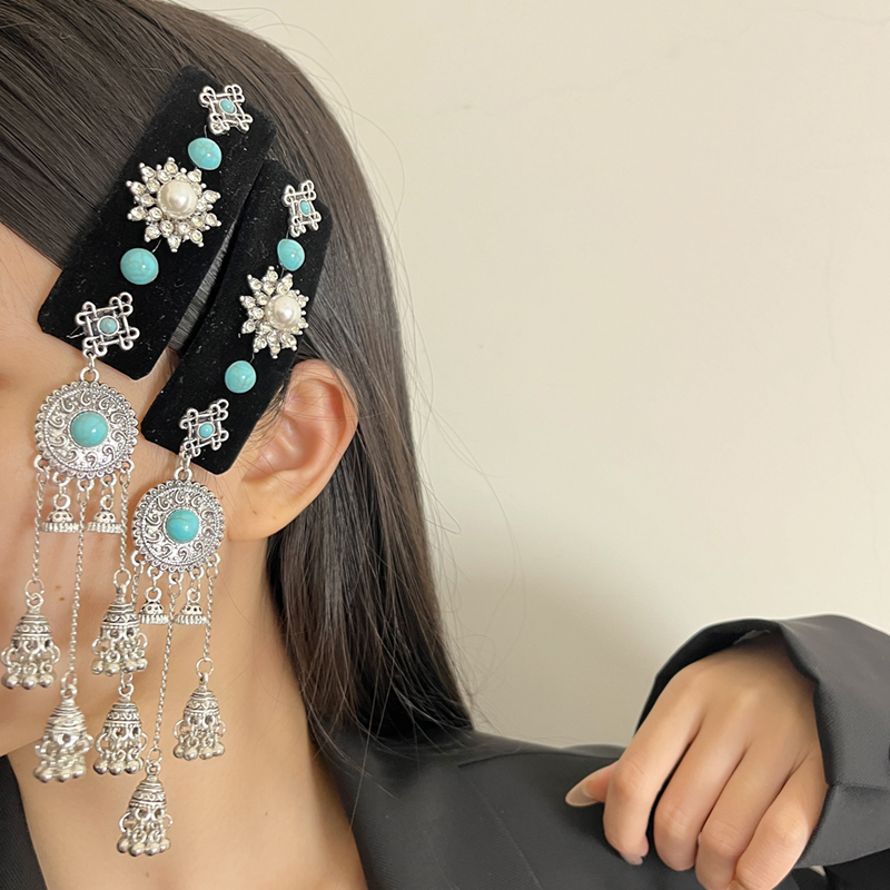 Chinese-Style Retro Turquoise Pagoda Long Tassel Hairpin Ethnic Bangs Clip with Mongolian Elements - Travel Headdress Accessory Chinese-Style Retro Turquoise Pagoda Long Tassel Hairpin Ethnic Bangs Clip with Mongolian Elements - Travel Headdress Accessory