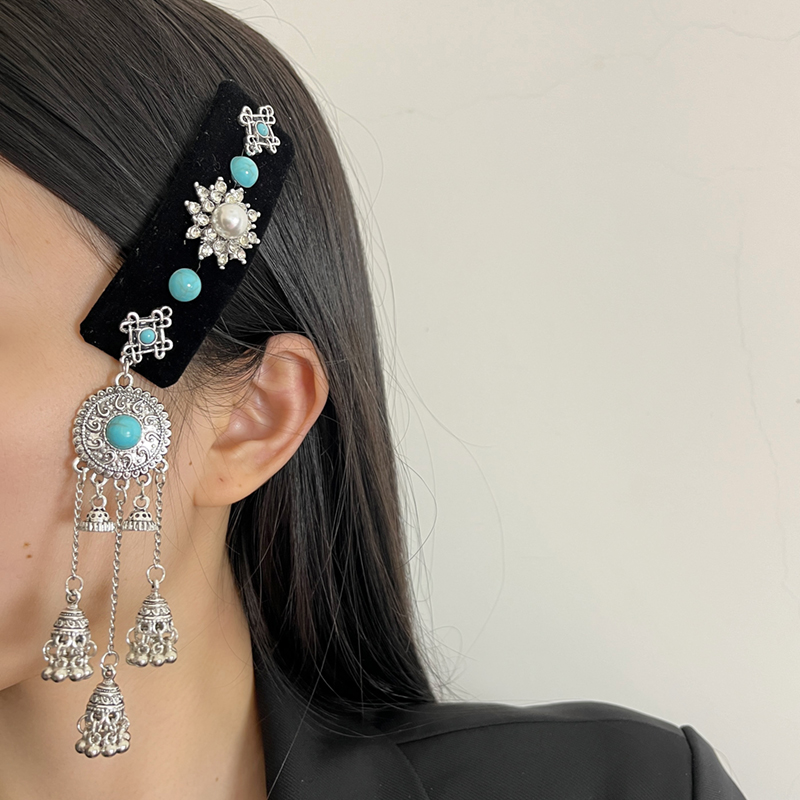 Chinese-Style Retro Turquoise Pagoda Long Tassel Hairpin Ethnic Bangs Clip with Mongolian Elements - Travel Headdress Accessory Chinese-Style Retro Turquoise Pagoda Long Tassel Hairpin Ethnic Bangs Clip with Mongolian Elements - Travel Headdress Accessory