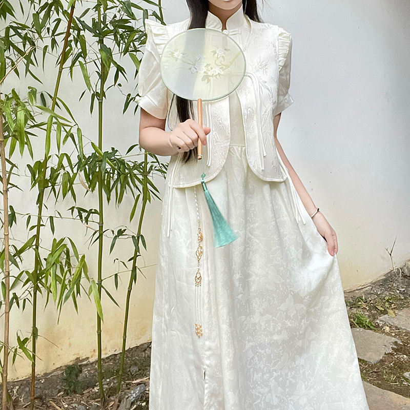 Chinese Style Retro Two-Piece Set Women's Pudding Bear Vest Dress - Vintage Y2K Fashion, Cute Pudding Bear Design