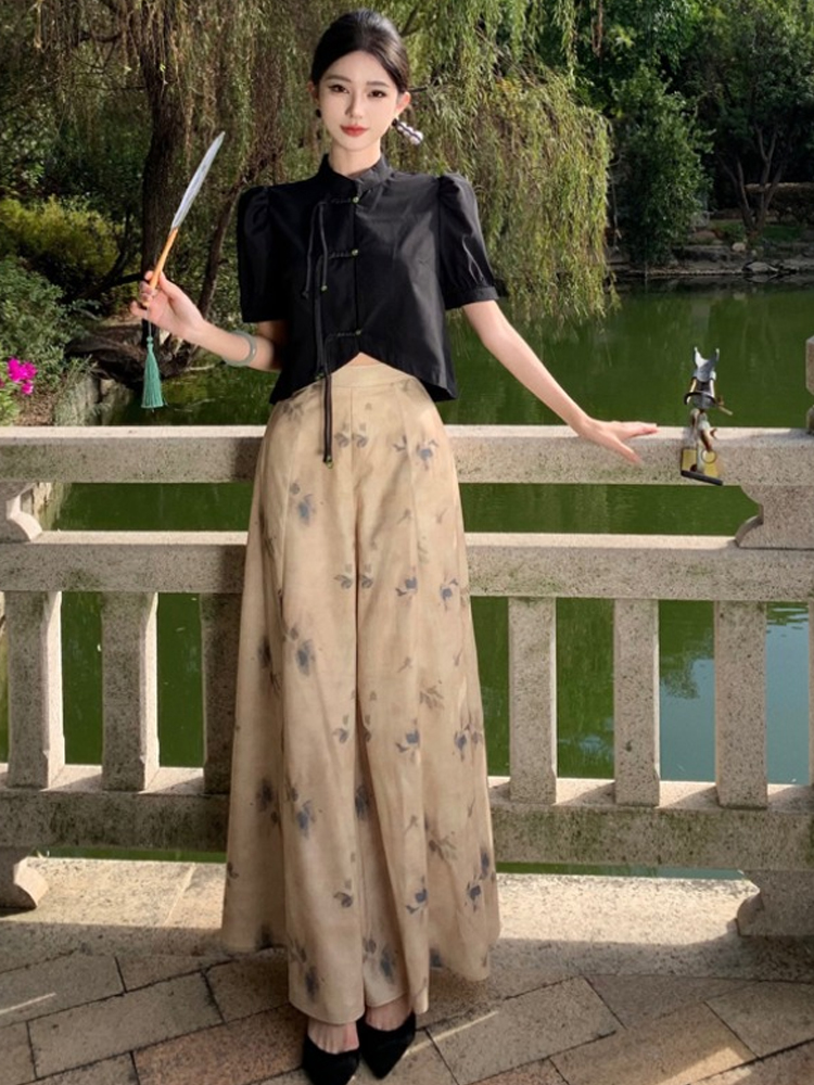 Chinese-Style Two-Piece Set: Women's Spring Shirt with Wide-Leg Pants, National Wind Outfit for Summer Fashion Chinese-Style Two-Piece Set: Women's Spring Shirt with Wide-Leg Pants, National Wind Outfit for Summer Fashion