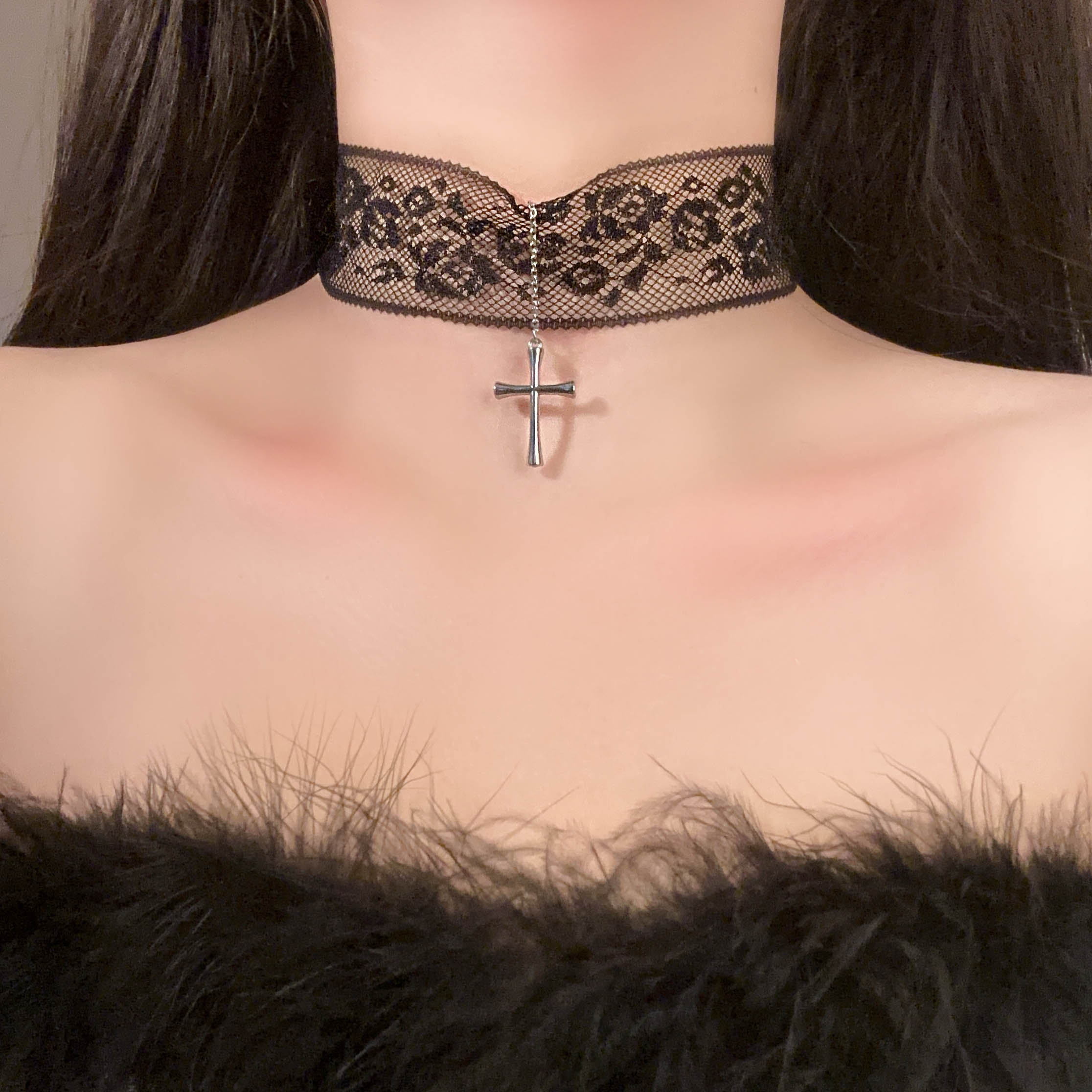 Choker Lace Cross Pendant Necklace - Spicy Girl Clavicle Chain, Sweet Cool Accessory for Fairy Style & Y2K Fashion Choker Lace Cross Pendant Necklace - Spicy Girl Clavicle Chain, Sweet Cool Accessory for Fairy Style & Y2K Fashion