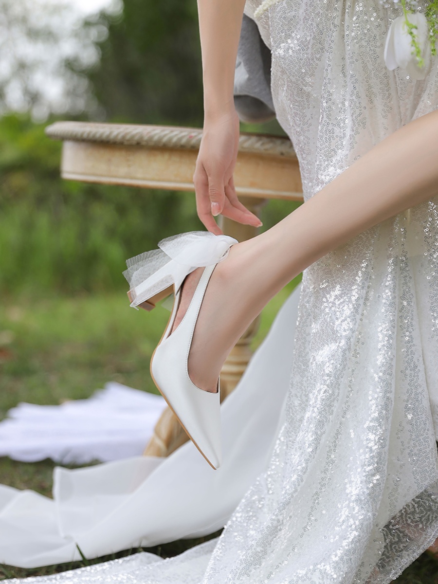 Chunky Heel Bridal Gown Wedding Shoes in French Satin with Bow Design - Comfortable High-End Style for Everyday Wear Chunky Heel Bridal Gown Wedding Shoes in French Satin with Bow Design - Comfortable High-End Style for Everyday Wear