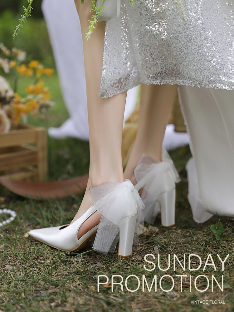 Chunky Heel Bridal Gown Wedding Shoes in French Satin with Bow Design - Comfortable High-End Style for Everyday Wear