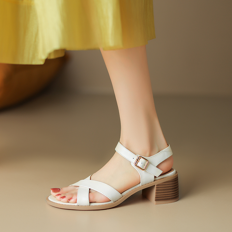 Chunky Heel One-Strap Leather Sandals for Women - Summer Open-Toe Cross-Strap Retro Roman Style, Size 41-43