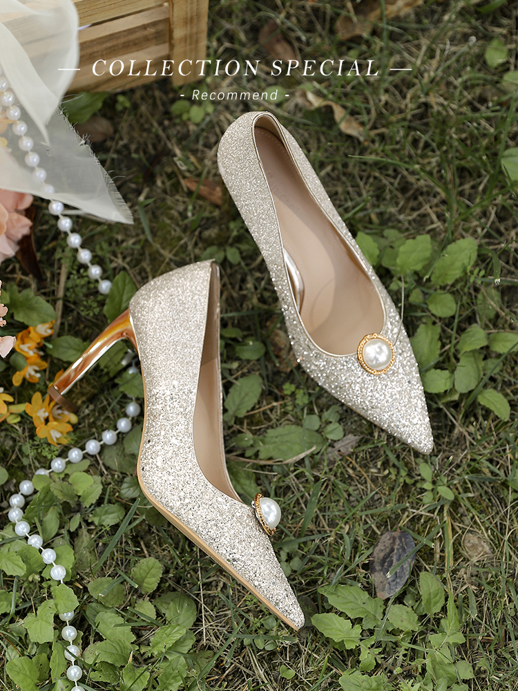 Chunky Heel Wedding Shoes with Crystal Accents and Gold Sequins - Dual-Use Comfortable Bridal High Heels
