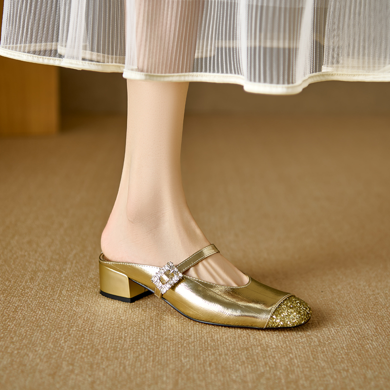 Chunky-Heeled Genuine Leather One-Strap Half Mules for Women - Elegant Closed Toe Slip-Ons with High-End Feel