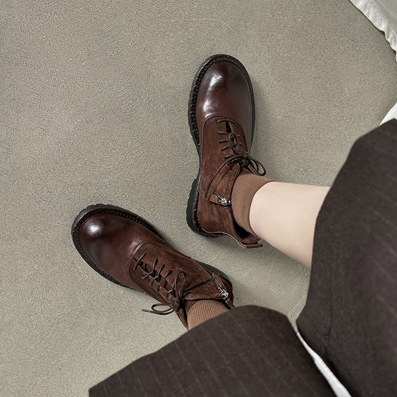 Chunky-Heeled Lace-Up Martin Boots for Women - Water-Washed Cowhide, Thick-Soled British Style Short Boots with Patchwork - 2025 Autumn/Winter Chunky-Heeled Lace-Up Martin Boots for Women - Water-Washed Cowhide, Thick-Soled British Style Short Boots with Patchwork - 2025 Autumn/Winter