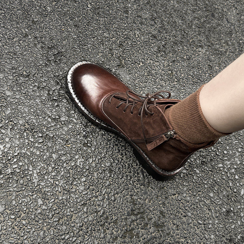 Chunky-Heeled Lace-Up Martin Boots for Women - Water-Washed Cowhide, Thick-Soled British Style Short Boots with Patchwork - 2025 Autumn/Winter