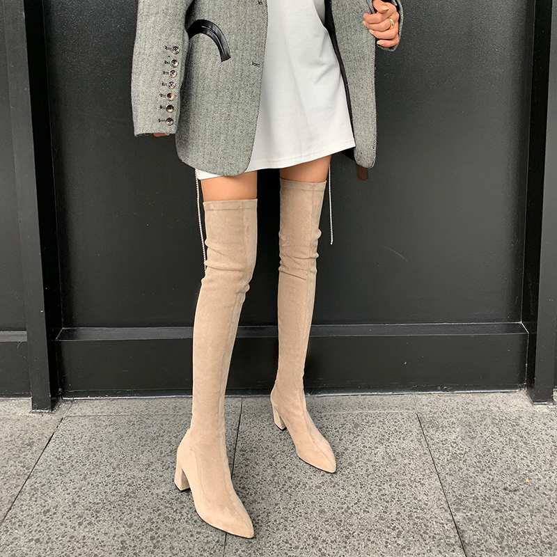 Chunky Heeled Pointed Toe Over-the-Knee Boots for Women - Mid-Heel Genuine Leather Stretchy Long Boots for Leg-Lengthening Style Chunky Heeled Pointed Toe Over-the-Knee Boots for Women - Mid-Heel Genuine Leather Stretchy Long Boots for Leg-Lengthening Style