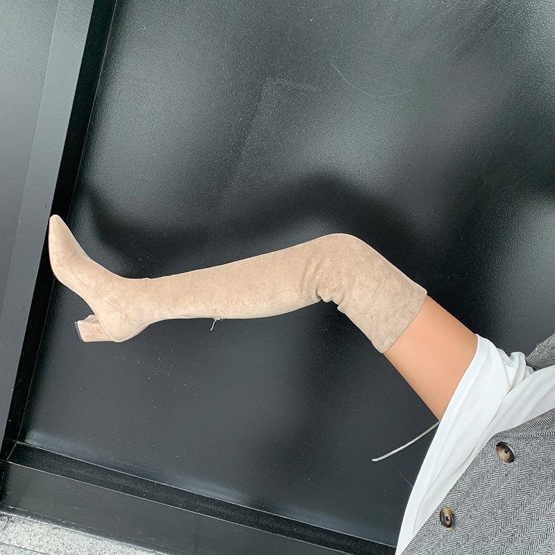 Chunky Heeled Pointed Toe Over-the-Knee Boots for Women - Mid-Heel Genuine Leather Stretchy Long Boots for Leg-Lengthening Style Chunky Heeled Pointed Toe Over-the-Knee Boots for Women - Mid-Heel Genuine Leather Stretchy Long Boots for Leg-Lengthening Style