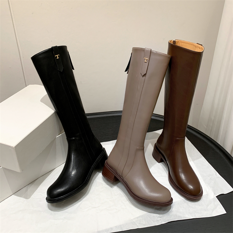 Chunky-Heeled Round-Toe Genuine Leather Riding Boots with Metal Buckle - Women's High Slim Long Boots for Autumn/Winter 2025 Chunky-Heeled Round-Toe Genuine Leather Riding Boots with Metal Buckle - Women's High Slim Long Boots for Autumn/Winter 2025
