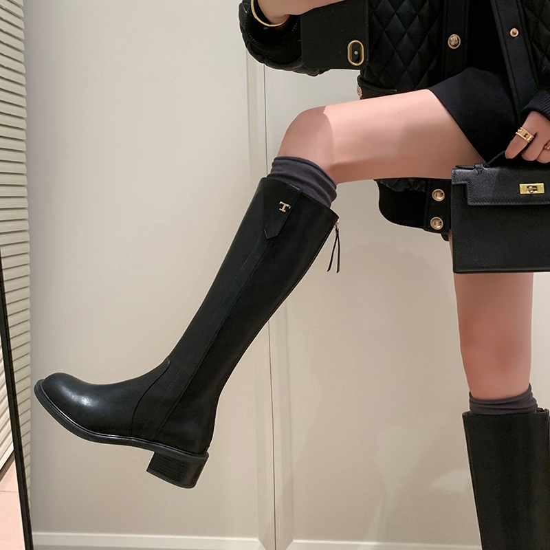 Chunky-Heeled Round-Toe Genuine Leather Riding Boots with Metal Buckle - Women's High Slim Long Boots for Autumn/Winter 2025