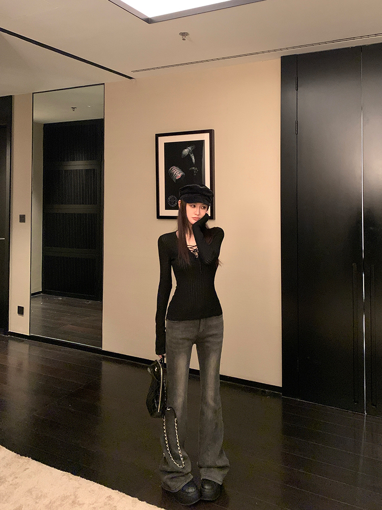 Classic American Fleece-Lined Flared Jeans for Women - Vintage Floor-Length Peach Butt Style, Supermodel Proportions, Y2K Fashion Classic American Fleece-Lined Flared Jeans for Women - Vintage Floor-Length Peach Butt Style, Supermodel Proportions, Y2K Fashion