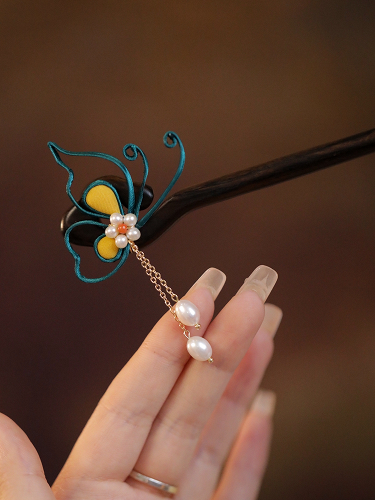 Classical Chinese Style Butterfly Hairpin with Step-Shake Tassel, Wooden Qipao Hairpin for Bun, Black Sandalwood Accessory