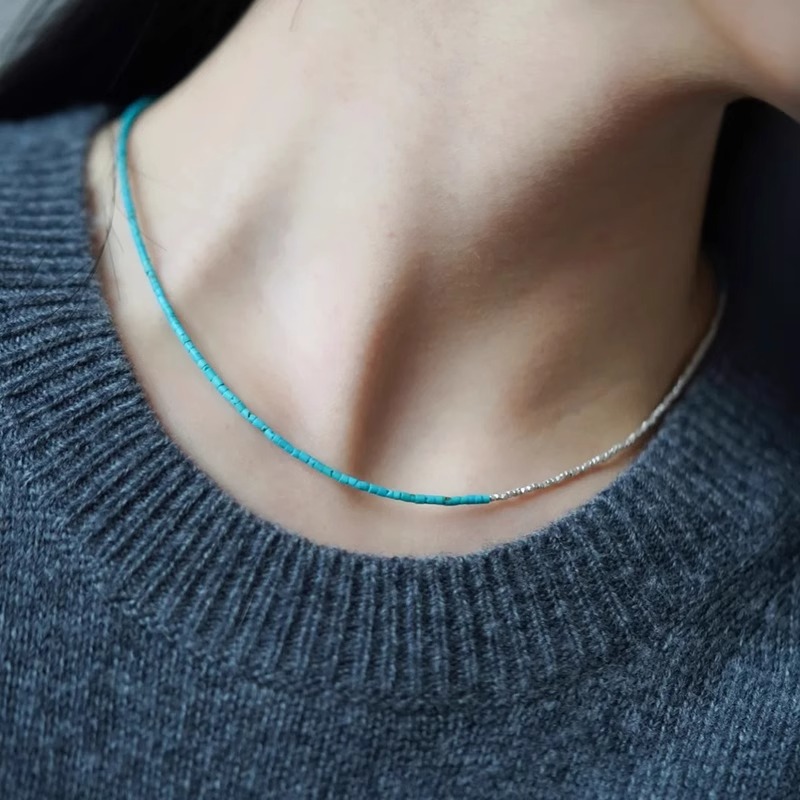 Classy 925 Silver Crushed Turquoise Necklace, Chinese Clavicle Chain, Elegant Statement Jewelry for Women