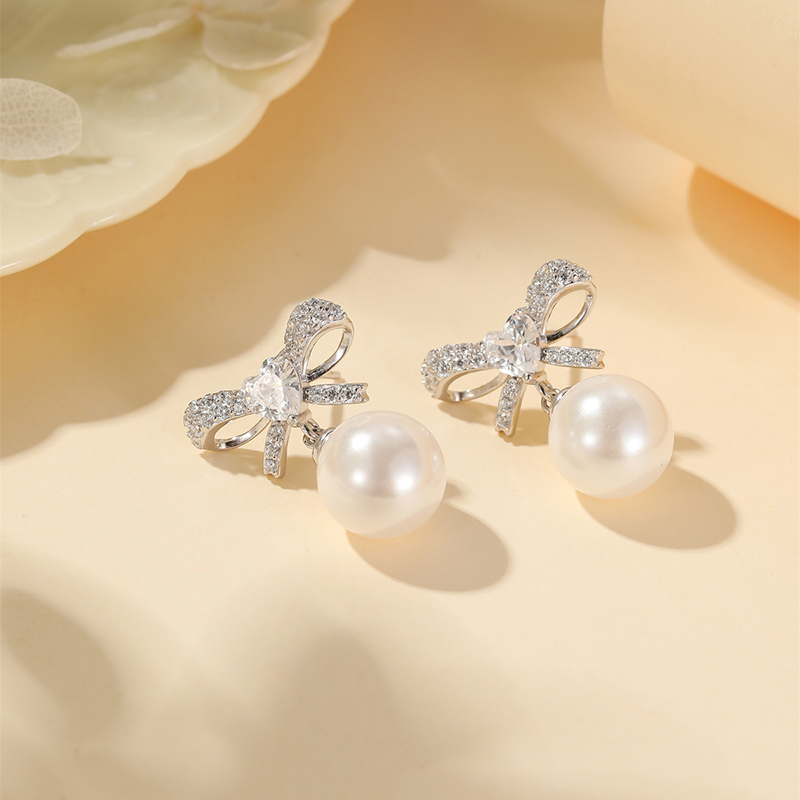 Classy Bow Pearl Earrings for Women, High-End Silver Accessories, Elegant Design for Formal and Casual Wear