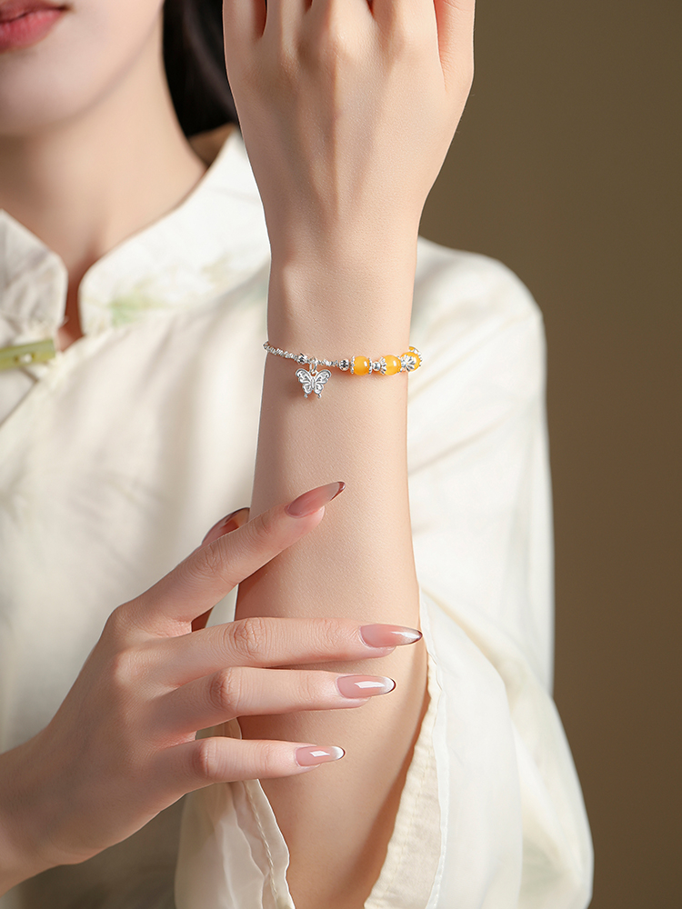 Classy Broken Silver Butterfly Bracelet for Women with Pure Silver and Amber Lucky Beads - Elegant Fashion Jewelry Classy Broken Silver Butterfly Bracelet for Women with Pure Silver and Amber Lucky Beads - Elegant Fashion Jewelry