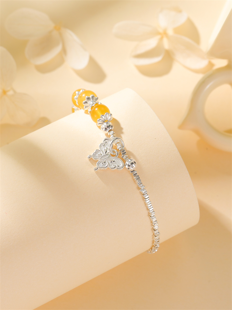 Classy Broken Silver Butterfly Bracelet for Women with Pure Silver and Amber Lucky Beads - Elegant Fashion Jewelry Classy Broken Silver Butterfly Bracelet for Women with Pure Silver and Amber Lucky Beads - Elegant Fashion Jewelry