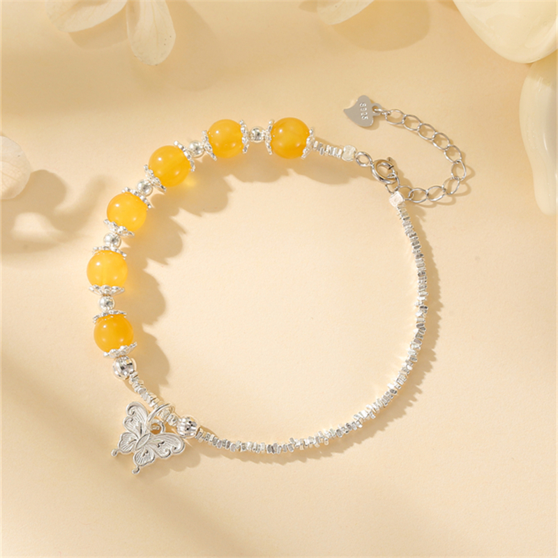 Classy Broken Silver Butterfly Bracelet for Women with Pure Silver and Amber Lucky Beads - Elegant Fashion Jewelry