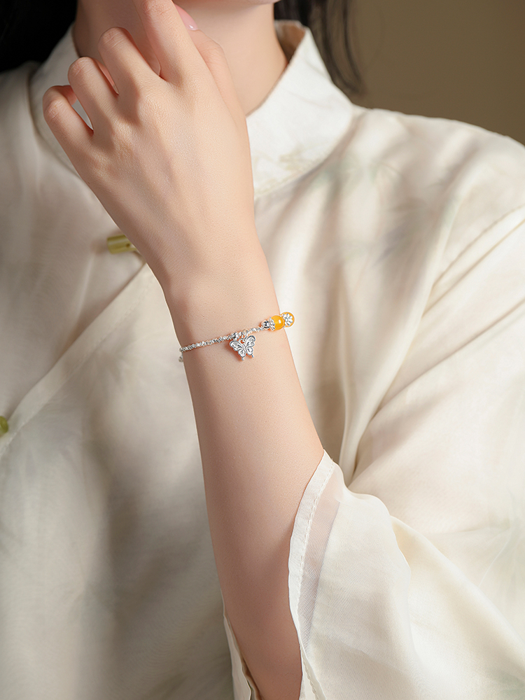 Classy Broken Silver Butterfly Bracelet for Women with Pure Silver and Amber Lucky Beads - Elegant Fashion Jewelry Classy Broken Silver Butterfly Bracelet for Women with Pure Silver and Amber Lucky Beads - Elegant Fashion Jewelry