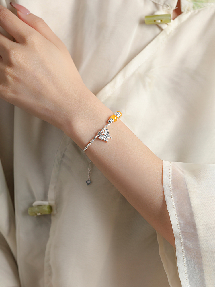 Classy Broken Silver Butterfly Bracelet for Women with Pure Silver and Amber Lucky Beads - Elegant Fashion Jewelry Classy Broken Silver Butterfly Bracelet for Women with Pure Silver and Amber Lucky Beads - Elegant Fashion Jewelry