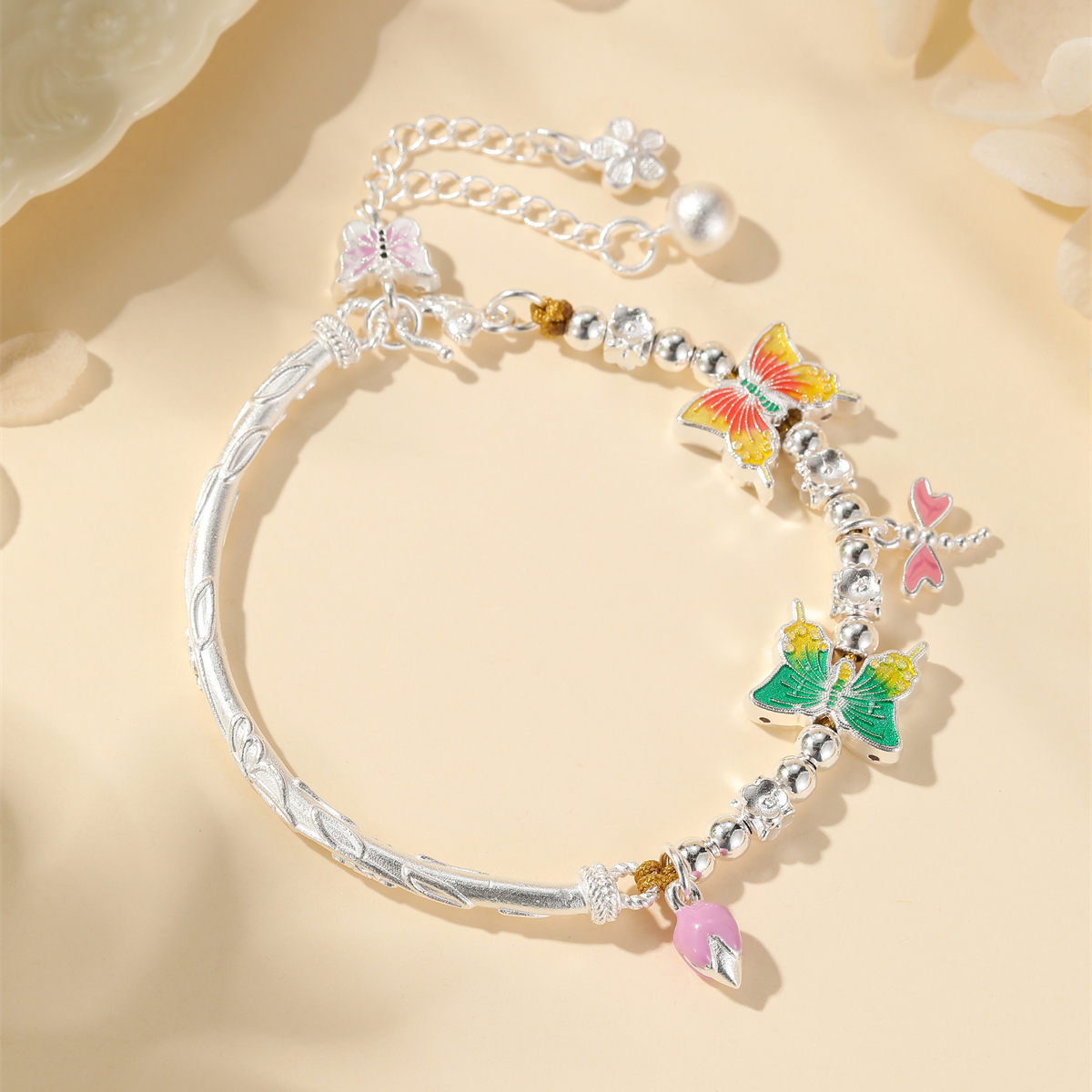 Classy Chinese-Style Enamel Butterfly Bracelet for Women, 925 Sterling Silver Bangle, Elegant Hand Accessory