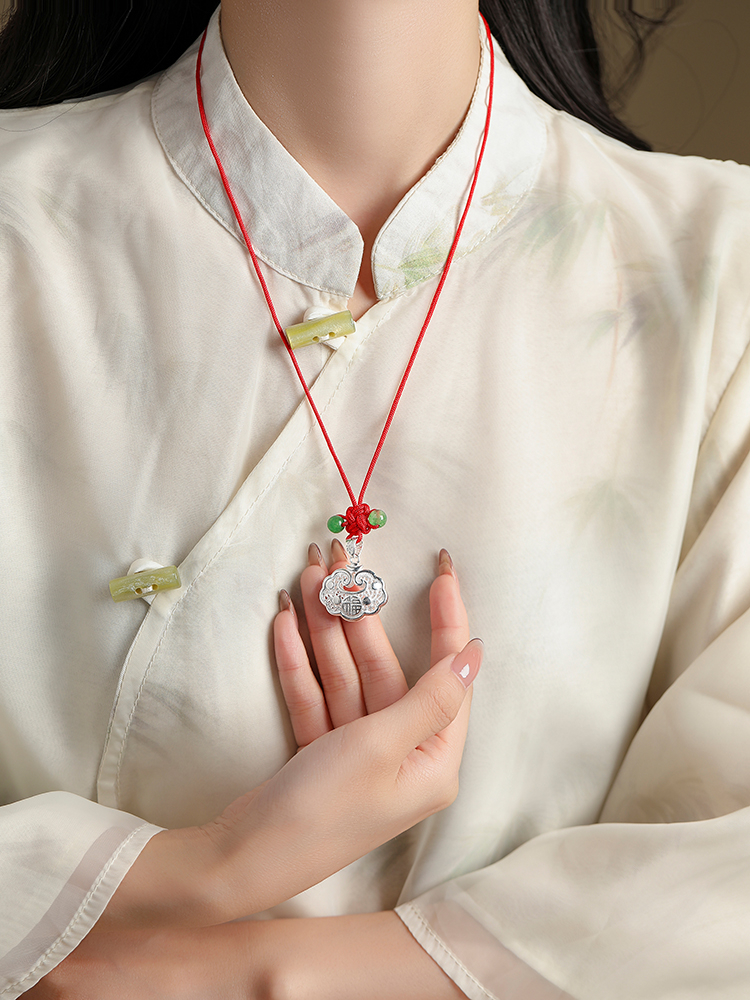 Classy Chinese Style Peace Lock Necklace for Women, Solid Silver Braided Long Life Pendant, Elegant Fashion Jewelry Classy Chinese Style Peace Lock Necklace for Women, Solid Silver Braided Long Life Pendant, Elegant Fashion Jewelry