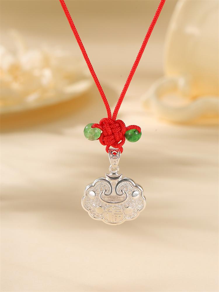 Classy Chinese Style Peace Lock Necklace for Women, Solid Silver Braided Long Life Pendant, Elegant Fashion Jewelry