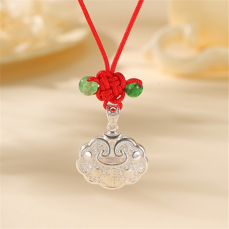 Classy Chinese Style Peace Lock Necklace for Women, Solid Silver Braided Long Life Pendant, Elegant Fashion Jewelry