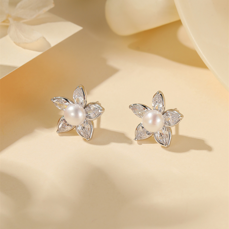 Classy Flower Pearl Earrings for Women - Light Luxury Zirconia Sterling Silver Studs, High-End Floral Design