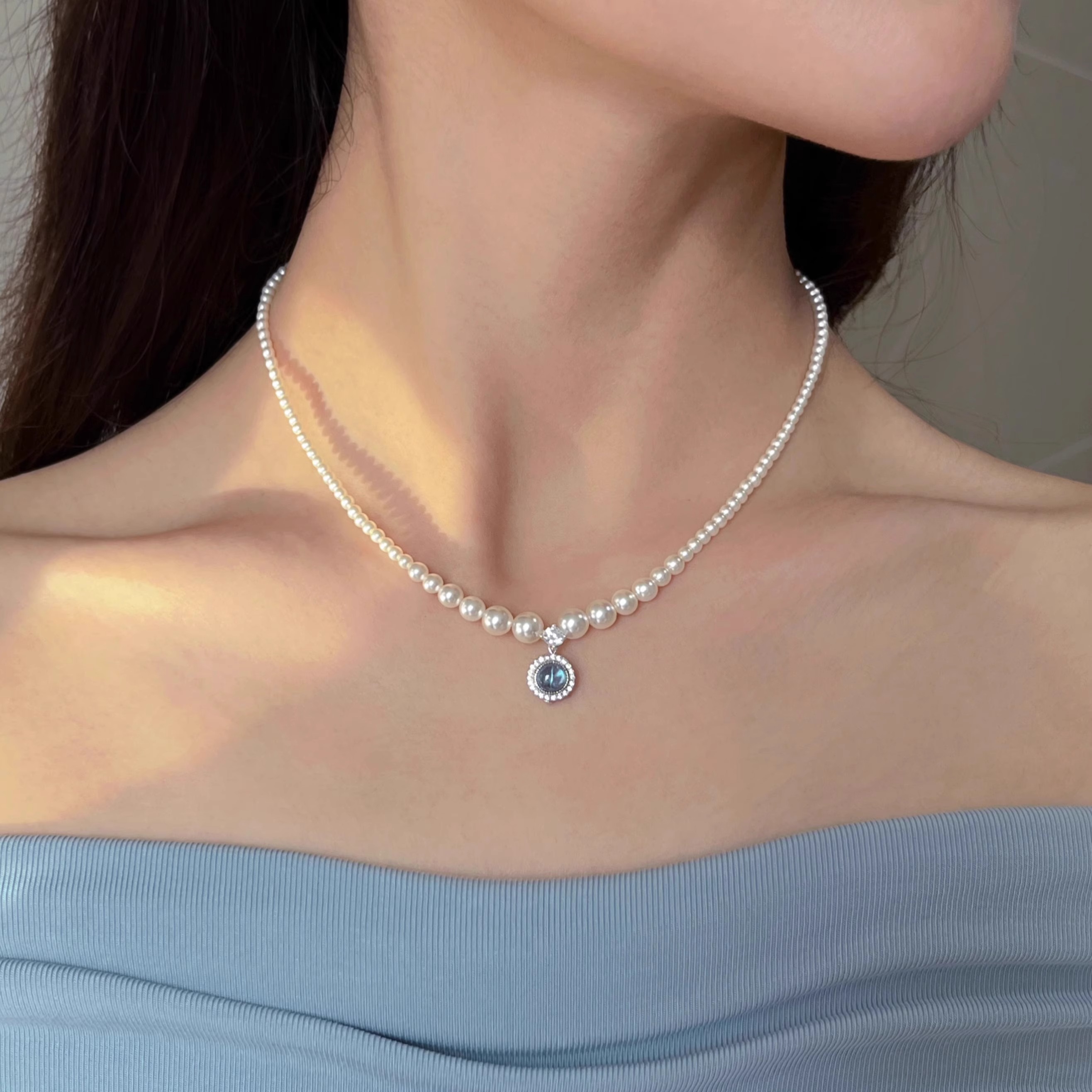 Classy French Pearl S925 Sterling Silver Necklace with Blue and White Porcelain Aquamarine Collarbone Chain for Elegant Style