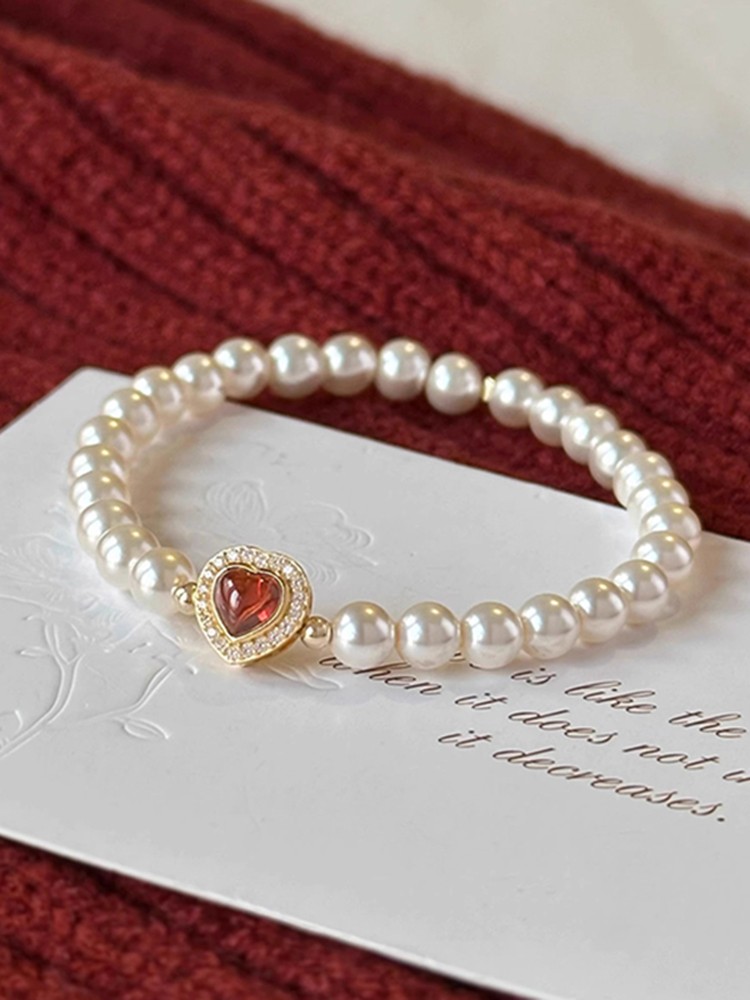 Classy Heart-Shaped Garnet and Natural Pearl Bracelet - High-End French Design Jewelry Accessory Classy Heart-Shaped Garnet and Natural Pearl Bracelet - High-End French Design Jewelry Accessory