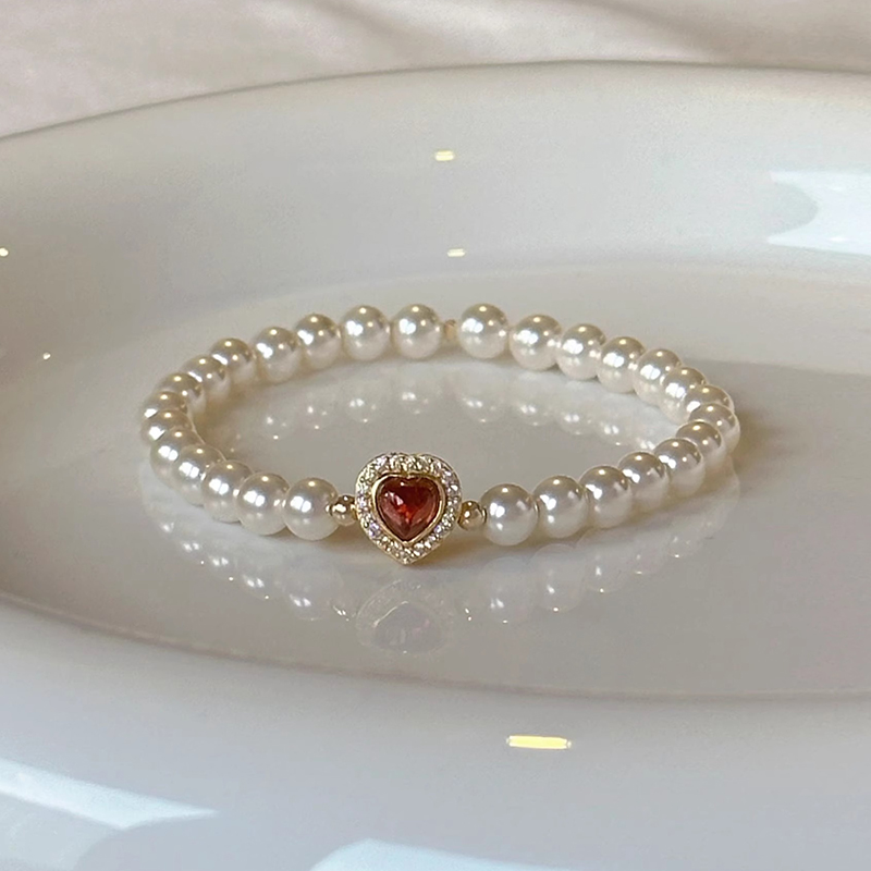Classy Heart-Shaped Garnet and Natural Pearl Bracelet - High-End French Design Jewelry Accessory