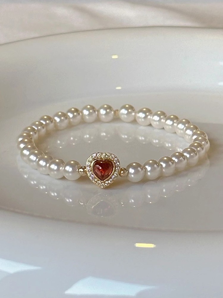Classy Heart-Shaped Garnet and Natural Pearl Bracelet - High-End French Design Jewelry Accessory