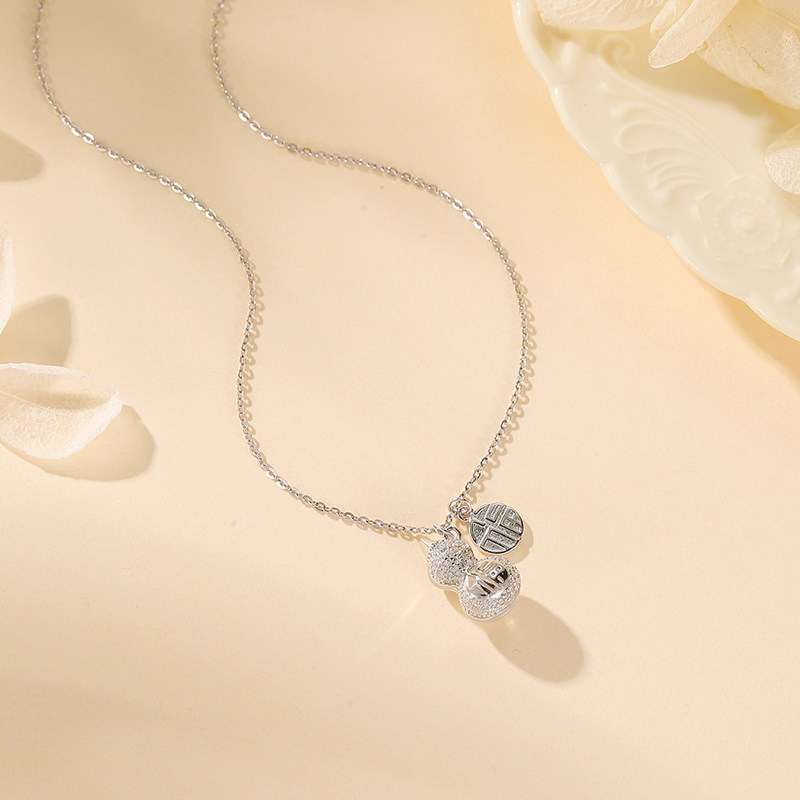 Classy Jade Gourd Pure Silver Necklace with Blue and White Porcelain Pendant - Chinese Style Women's Clavicle Chain