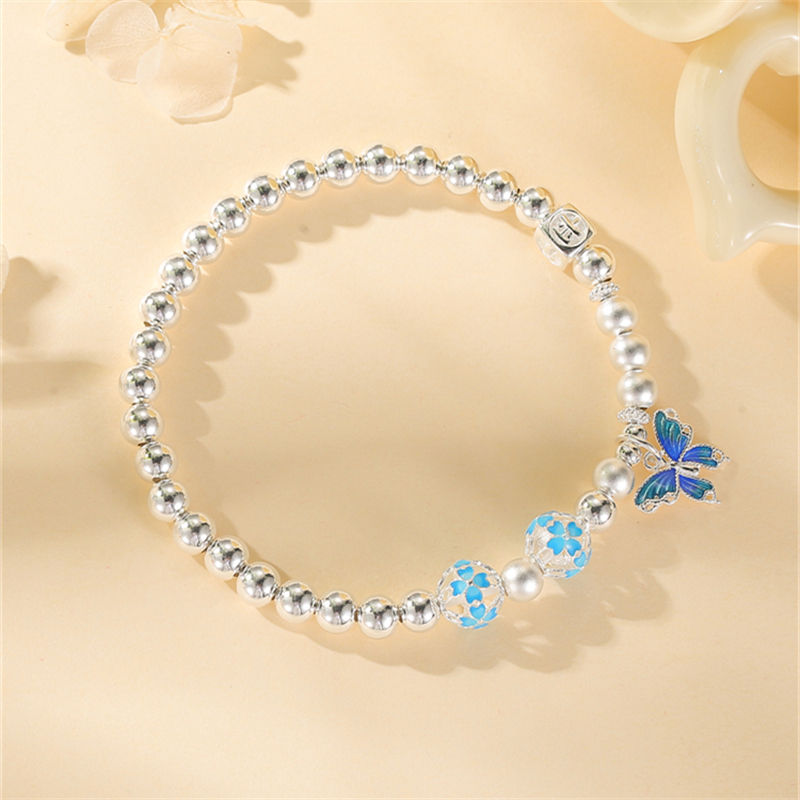 Classy Pure Silver Enamel Butterfly Charm Bracelet for Women - Elegant High-End Accessory