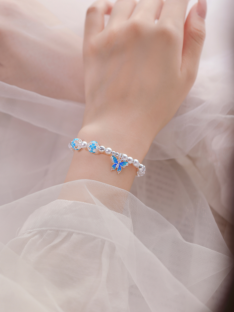 Classy Pure Silver Enamel Butterfly Charm Bracelet for Women - Elegant High-End Accessory