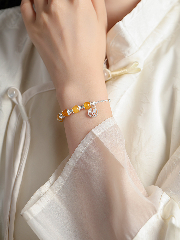 Classy Silver Coin Blessing Pendant Beeswax Bracelet for Women - High-End Pure Silver Decorative Jewelry Piece