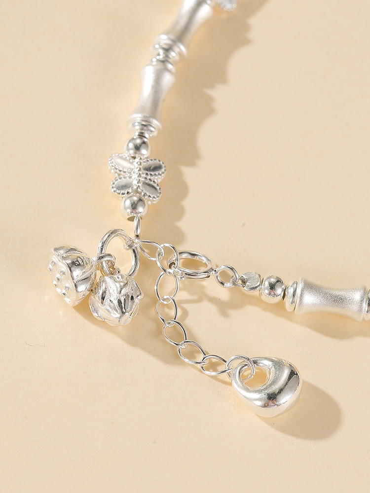Classy Sterling Silver Bamboo Joint Lotus Pod Charm Bracelet for Women - High-End French Design