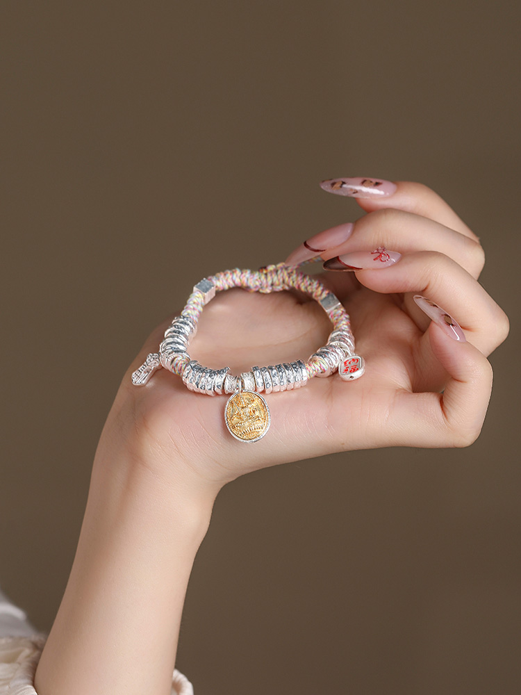 Classy Sterling Silver Bracelet for Women with Yellow God of Wealth Charm and Colorful Woven Cord - Trendy Boho Jewelry Classy Sterling Silver Bracelet for Women with Yellow God of Wealth Charm and Colorful Woven Cord - Trendy Boho Jewelry