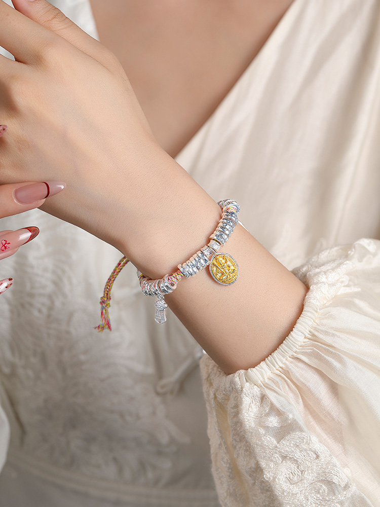 Classy Sterling Silver Bracelet for Women with Yellow God of Wealth Charm and Colorful Woven Cord - Trendy Boho Jewelry