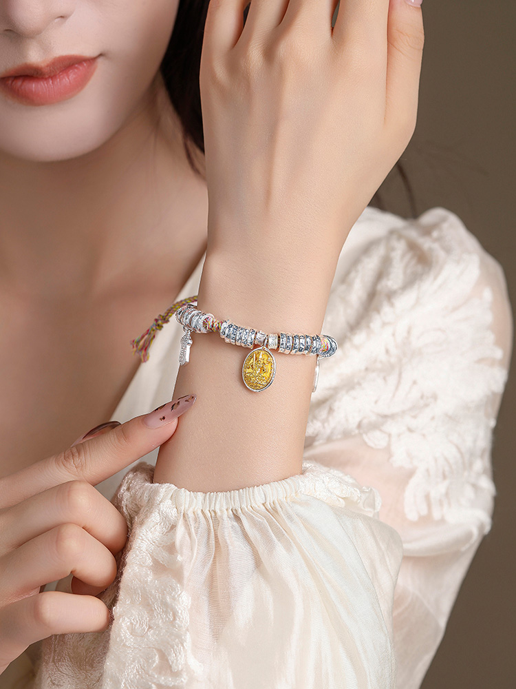 Classy Sterling Silver Bracelet for Women with Yellow God of Wealth Charm and Colorful Woven Cord - Trendy Boho Jewelry Classy Sterling Silver Bracelet for Women with Yellow God of Wealth Charm and Colorful Woven Cord - Trendy Boho Jewelry