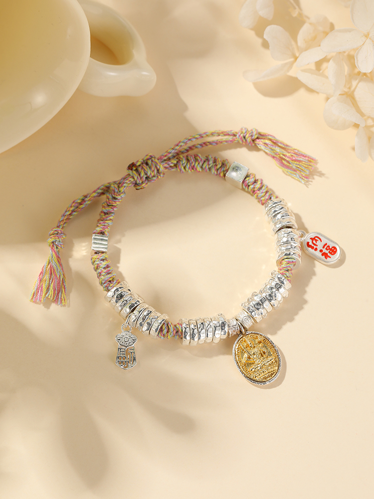 Classy Sterling Silver Bracelet for Women with Yellow God of Wealth Charm and Colorful Woven Cord - Trendy Boho Jewelry Classy Sterling Silver Bracelet for Women with Yellow God of Wealth Charm and Colorful Woven Cord - Trendy Boho Jewelry